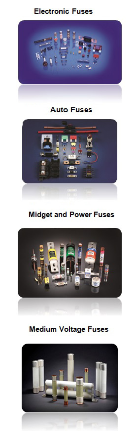 Circuit Protection Devices from top to bottom: Electronic Fuses, Auto Fuses, Midget and Power Fuses, and Medium Voltage Fuses
